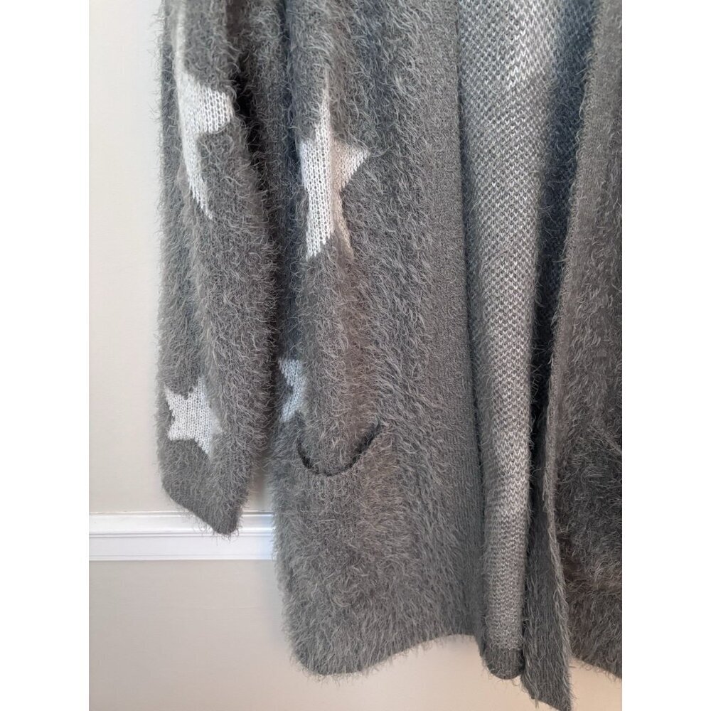 Olive+Oak Womens Size M Green Fuzzy Soft Cardigan Sweater White Stars - Picture 3 of 6